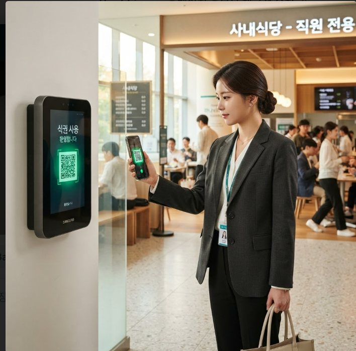 구내식당 입구에서 휴대폰 QR을 단말에 대고 식권을 체크하는 직원