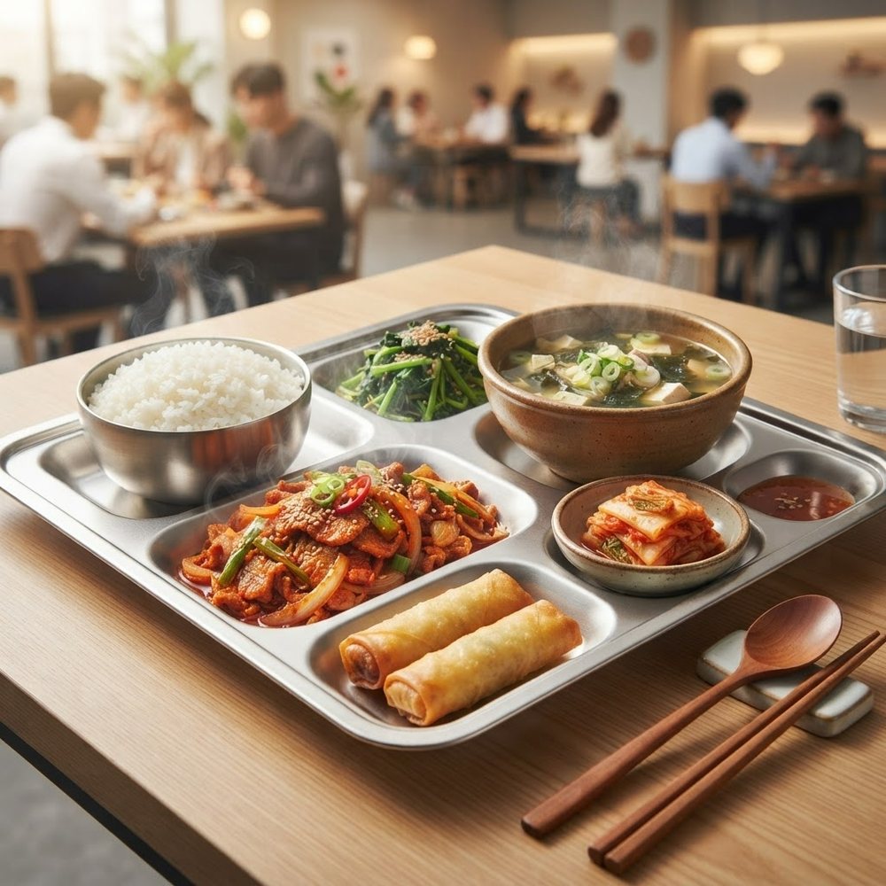 구내식당 식판에 담긴 밥, 국, 제육볶음, 나물, 김치